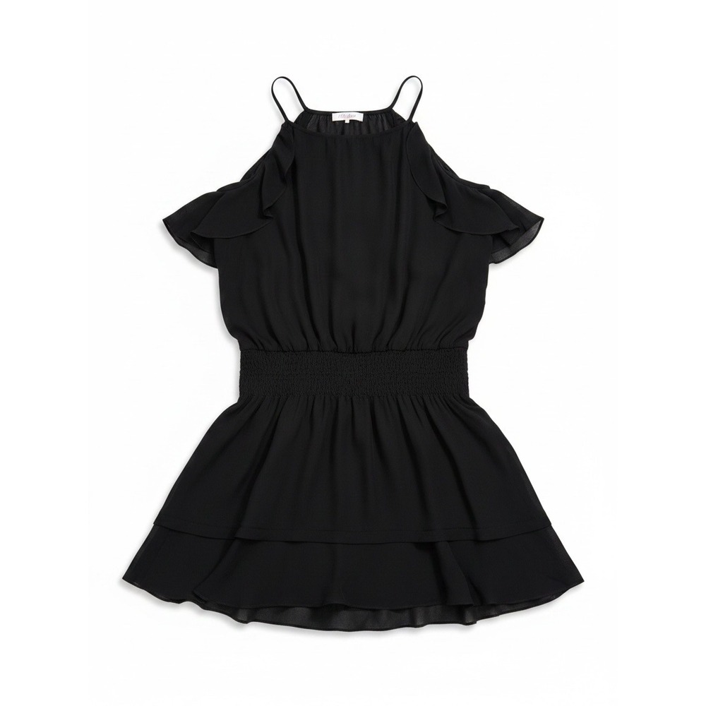 Parker NY Black 100% Silk Keyhole Halter Ruffle Smocked Mini Dress L EUC